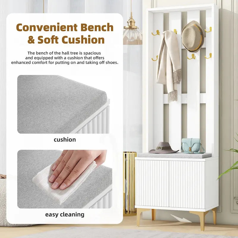4-in-1 Hall Tree with Cushion, Coat Rack with 8 Gold Hooks Legs, Entryway Bench with Adjustable Shelves & Fluted Doors