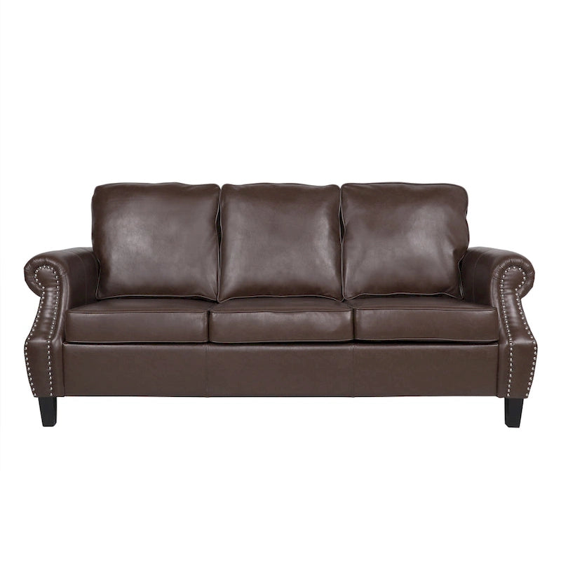 80 Modern Faux Leather 3-Seater Sofa with Birch Legs and Nailheads
