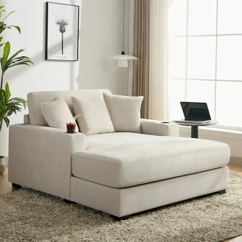 Wielkogabarytowy szezlong – nowoczesna sofa z poduszkami, stacją ładującą i uchwytami na kubki
