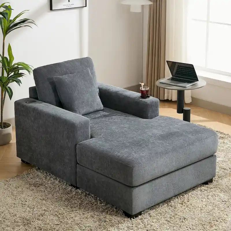 Wielkogabarytowy szezlong – nowoczesna sofa z poduszkami, stacją ładującą i uchwytami na kubki
