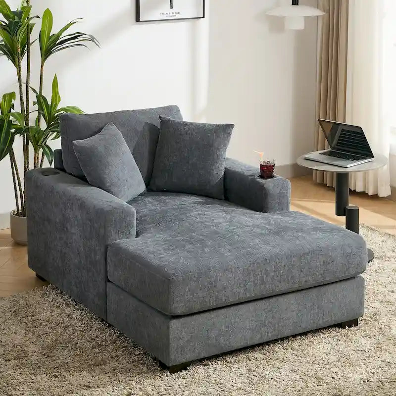 Wielkogabarytowy szezlong – nowoczesna sofa z poduszkami, stacją ładującą i uchwytami na kubki