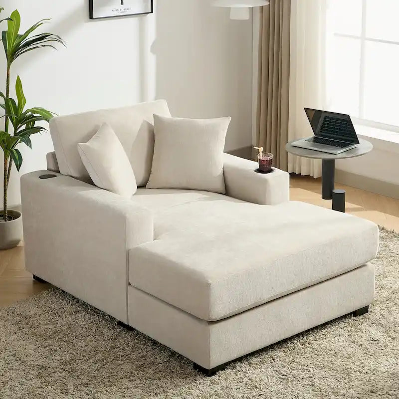 Wielkogabarytowy szezlong – nowoczesna sofa z poduszkami, stacją ładującą i uchwytami na kubki
