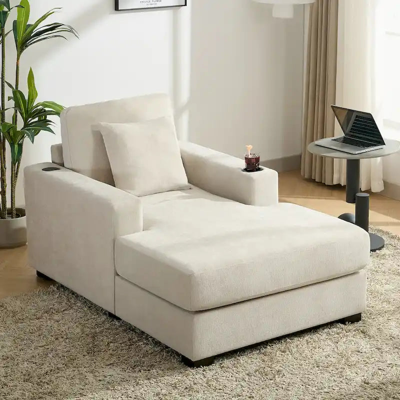 Wielkogabarytowy szezlong – nowoczesna sofa z poduszkami, stacją ładującą i uchwytami na kubki