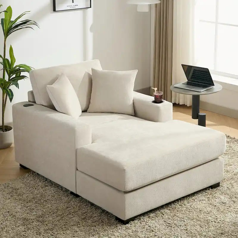 Oversized Chaise Lounger Modern Sofa Couch with Pillows, Charge Station & Cup Holders