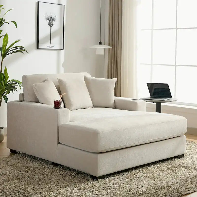 Oversized Chaise Lounger Modern Sofa Couch with Pillows, Charge Station & Cup Holders