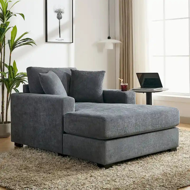 Oversized Chaise Lounger Modern Sofa Couch with Pillows, Charge Station & Cup Holders