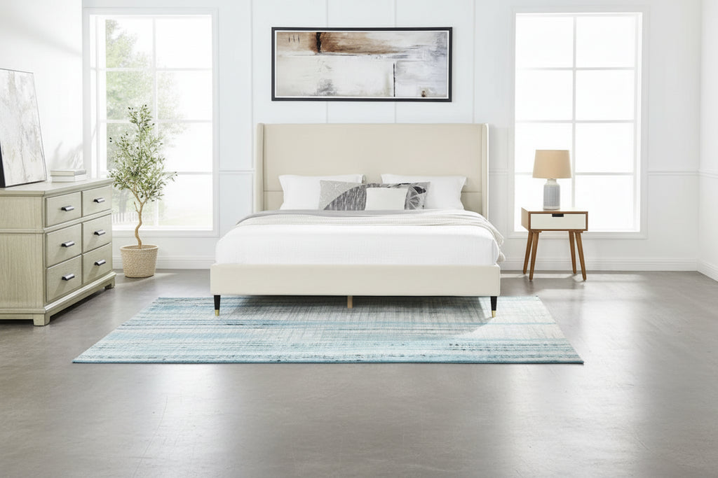 Beige Queen Size Style Platform Bed with Wingback Velvet Headboard