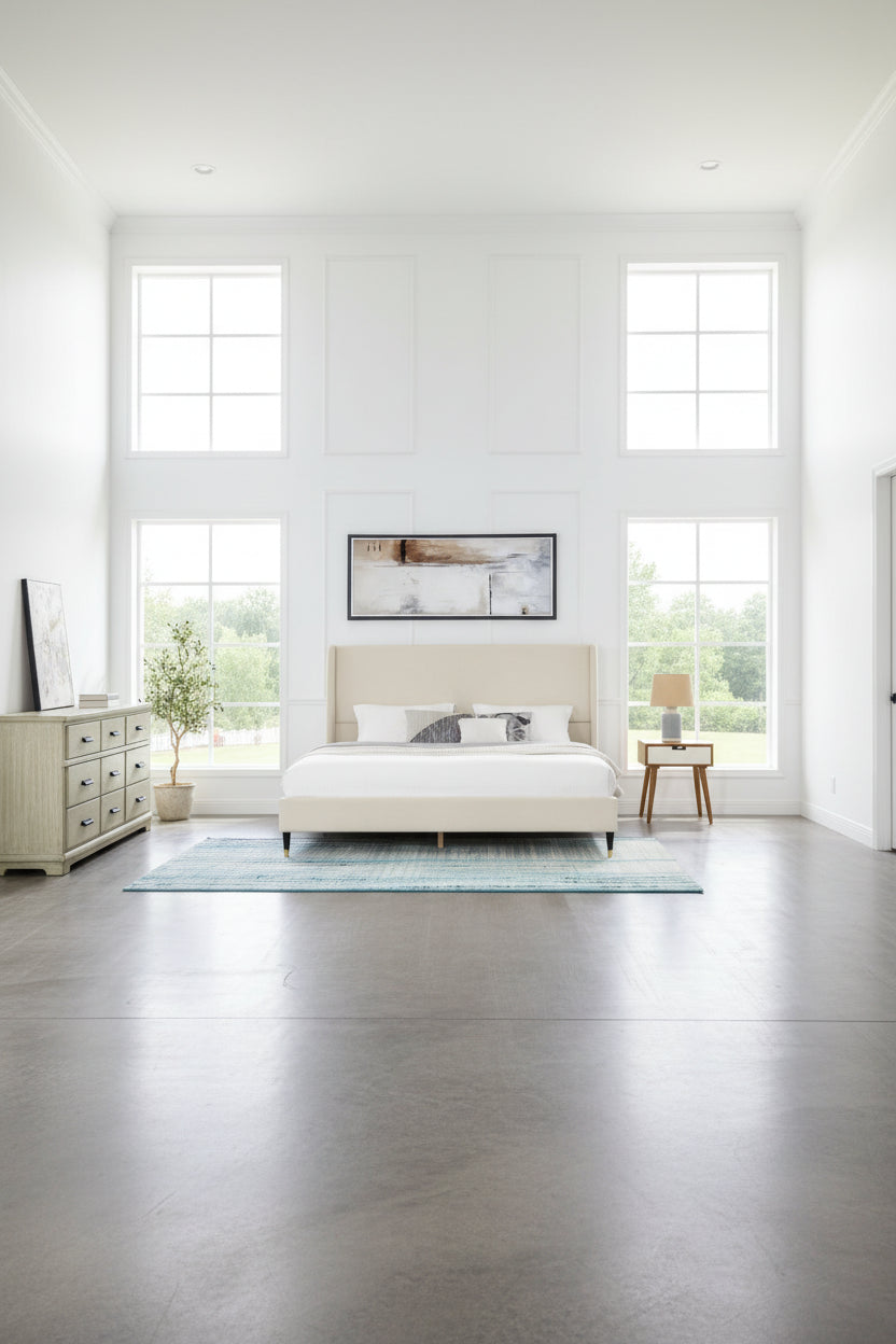 Beige Queen Size Style Platform Bed with Wingback Velvet Headboard