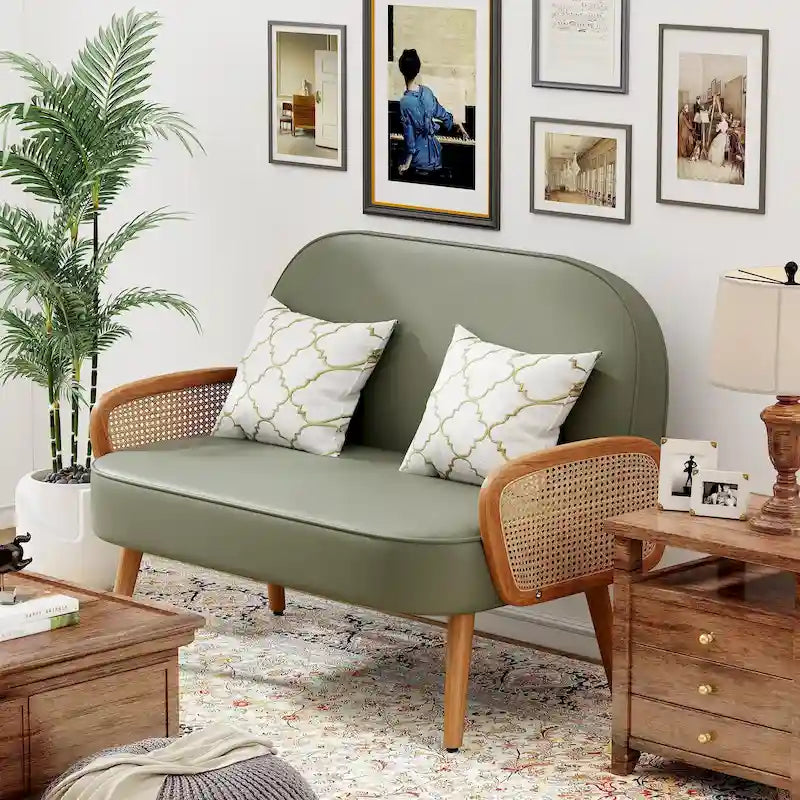 Kanapa Loveseat Mała Sofa do Salonu, Obita Sztuczną Skórą Mini Kanapa z Podłokietnikami z Naturalnego Rattanu i Nóżkami z Litego Drewna