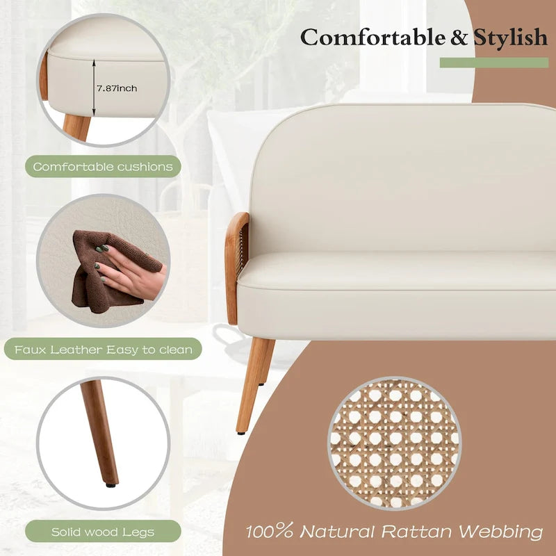 Kanapa Loveseat Mała Sofa do Salonu, Obita Sztuczną Skórą Mini Kanapa z Podłokietnikami z Naturalnego Rattanu i Nóżkami z Litego Drewna