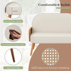 Kanapa Loveseat Mała Sofa do Salonu, Obita Sztuczną Skórą Mini Kanapa z Podłokietnikami z Naturalnego Rattanu i Nóżkami z Litego Drewna